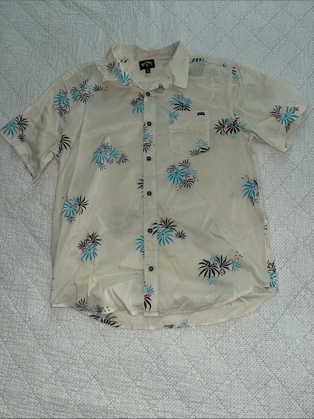 Billabong Cream Short-Sleeve Button-Up with Blue & Black Tropical Print